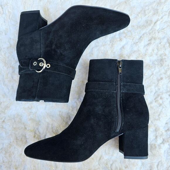 Black Suede Bootie Ann Taylor Breanna Size 6 Leather Harness Buckle Square Toe - Picture 13 of 13